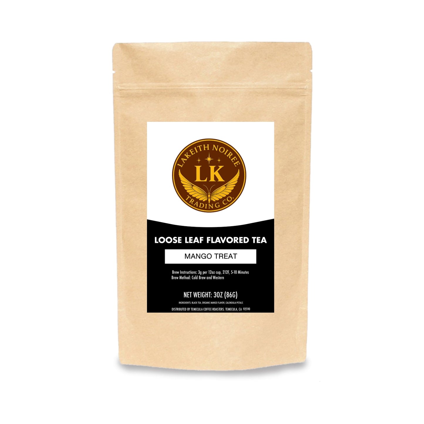 Kraft paper tea bag with a label for Mango Treat Tea' on a white background - Lakeith Noiree Trading Company Logo