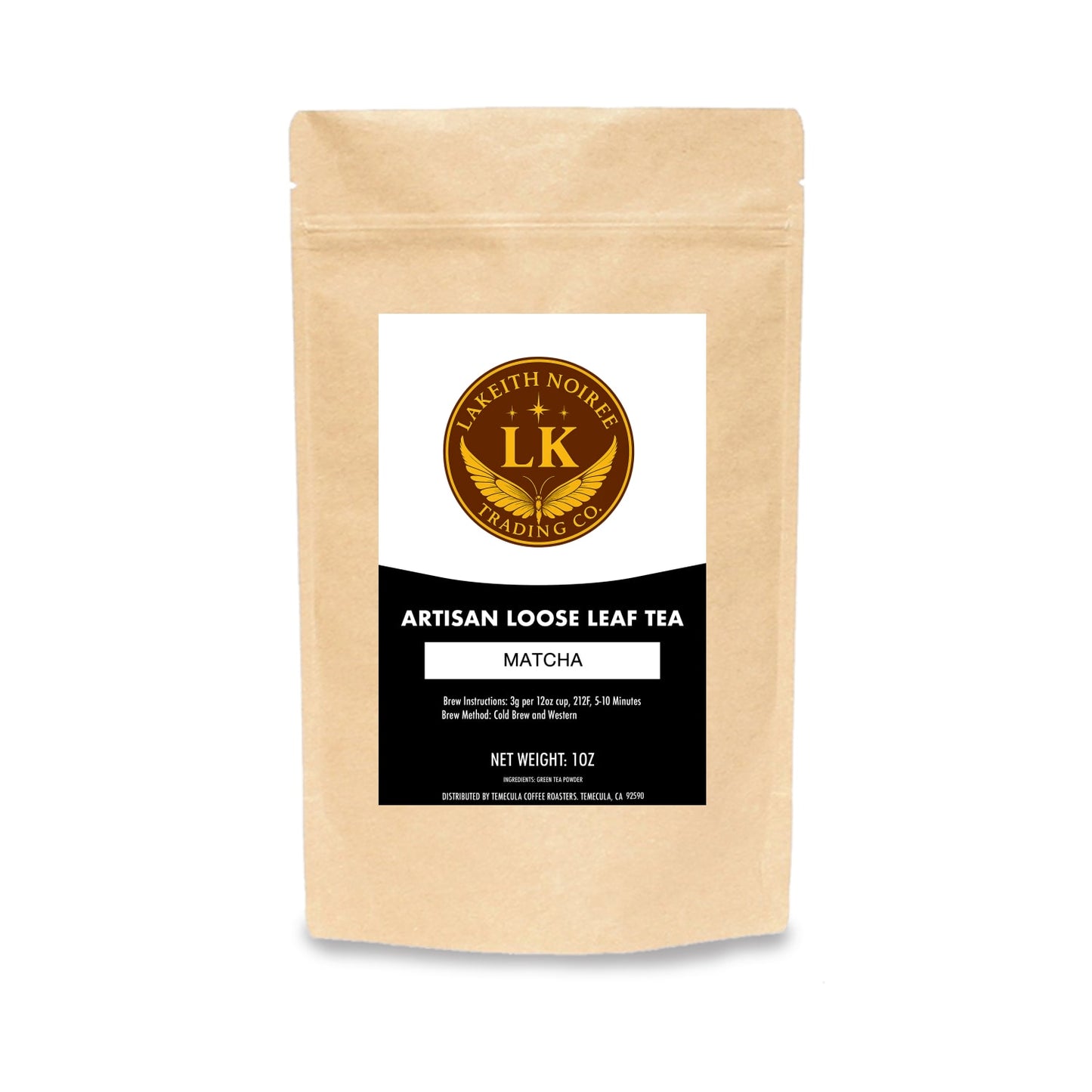 Kraft paper tea bag with a label for Matcha Green Tea on a white background - Lakeith Noiree Trading Company Logo  - Loose Leaf