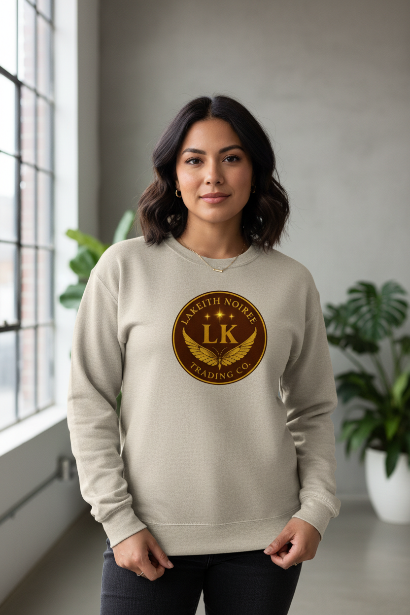 Latina woman wearing latte beige LaKeith Noirée unisex premium sweatshirt with LKTC logo centered on chest