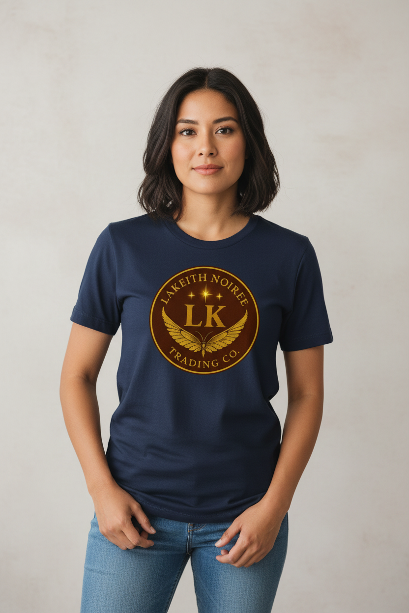 Latina woman wearing navy blue LaKeith Noirée unisex premium t-shirt with LKTC logo centered on chest