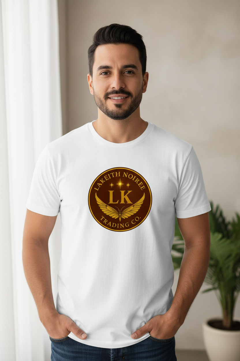 Latino man wearing white LaKeith Noirée unisex premium t-shirt with LKTC logo centered on chest