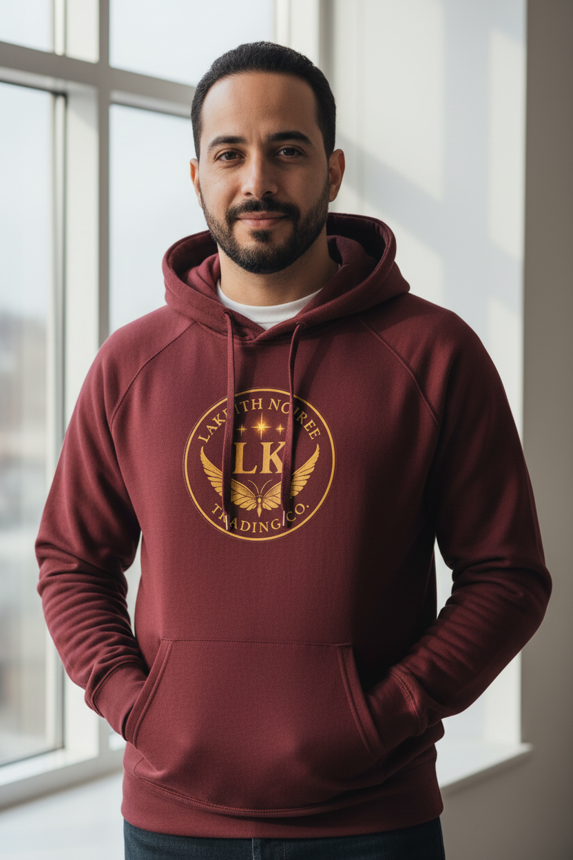 Model wearing burgundy LaKeith Noirée unisex eco raglan hoodie with centered logo and burgundy drawstrings
