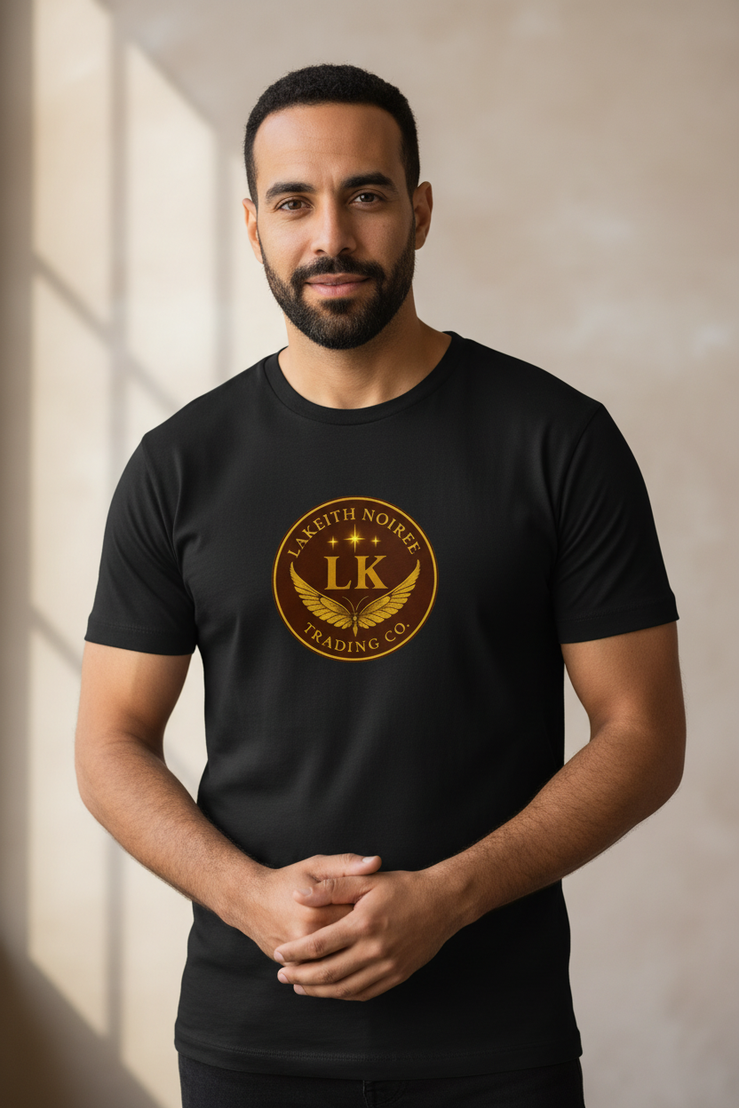 Middle Eastern man wearing black LaKeith Noirée unisex organic cotton t-shirt with LKTC logo centered on chest