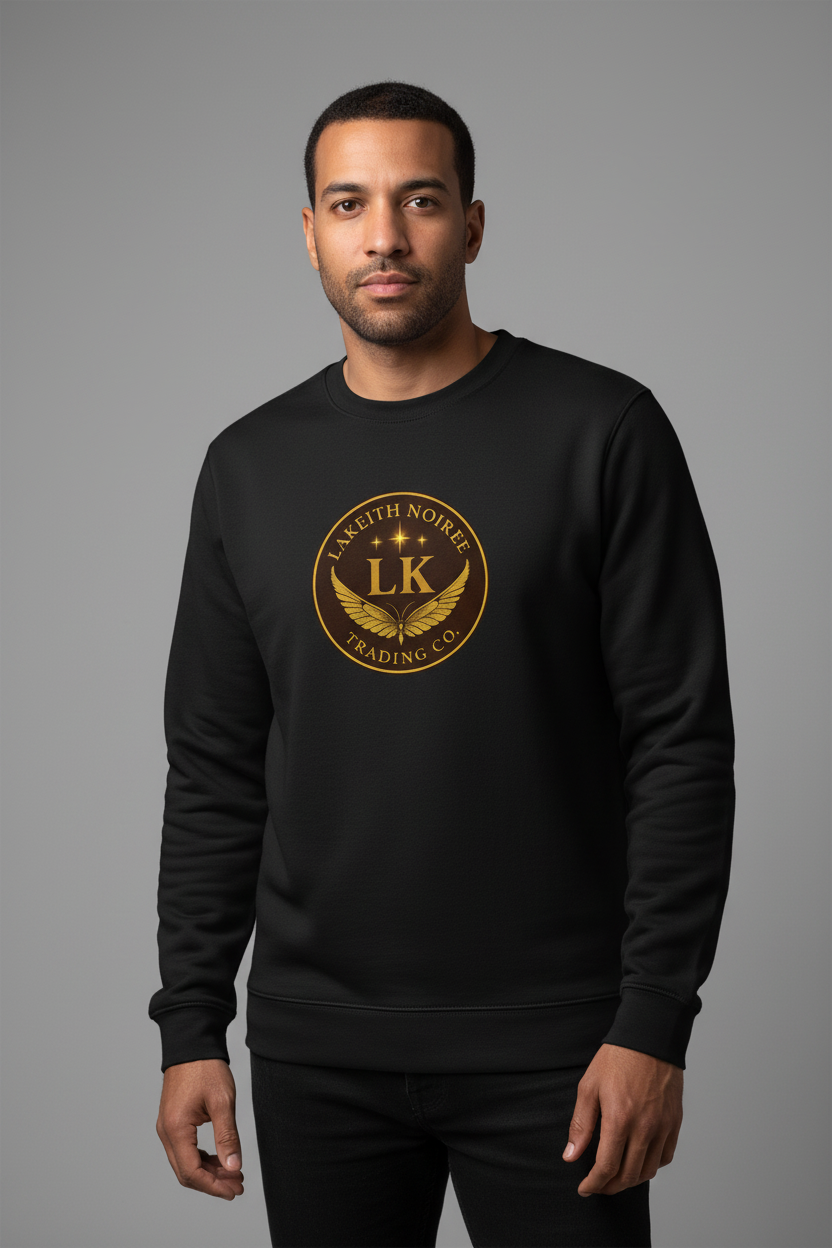 Middle Eastern man wearing black LaKeith Noirée unisex premium sweatshirt with LKTC logo centered on chest