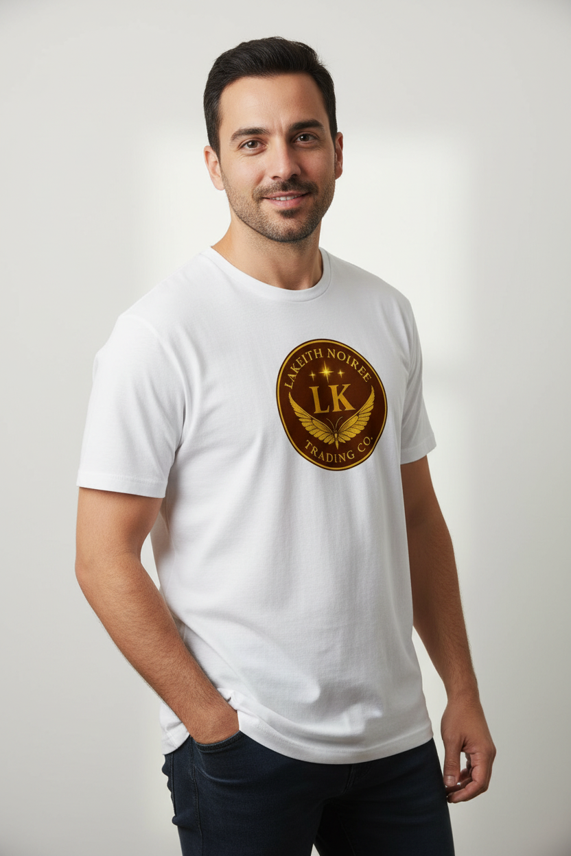 Middle Eastern man wearing white LaKeith Noirée men's premium heavyweight t-shirt with LKTC logo centered on chest
