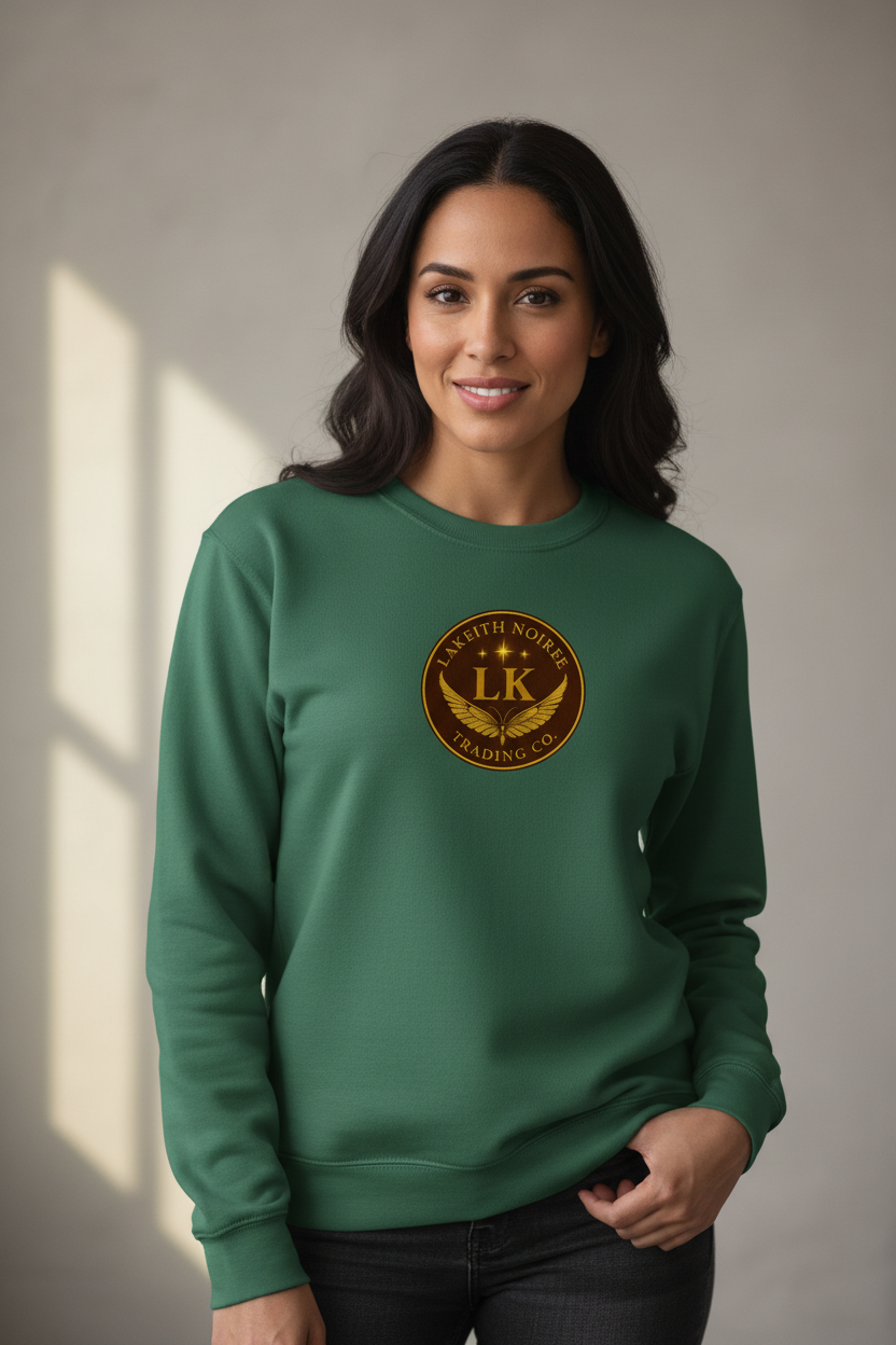 Middle Eastern woman wearing forest green LaKeith Noirée unisex premium sweatshirt with LKTC logo centered on chest