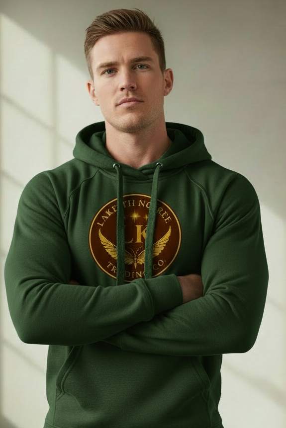 white male in confident pose wearing bottle green LaKeith Noirée unisex eco raglan hoodie with LKTC logo centered on chest and green drawstrings