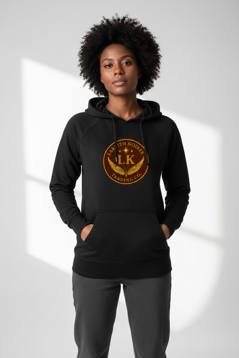 Model wearing black LaKeith Noirée unisex eco raglan hoodie with logo