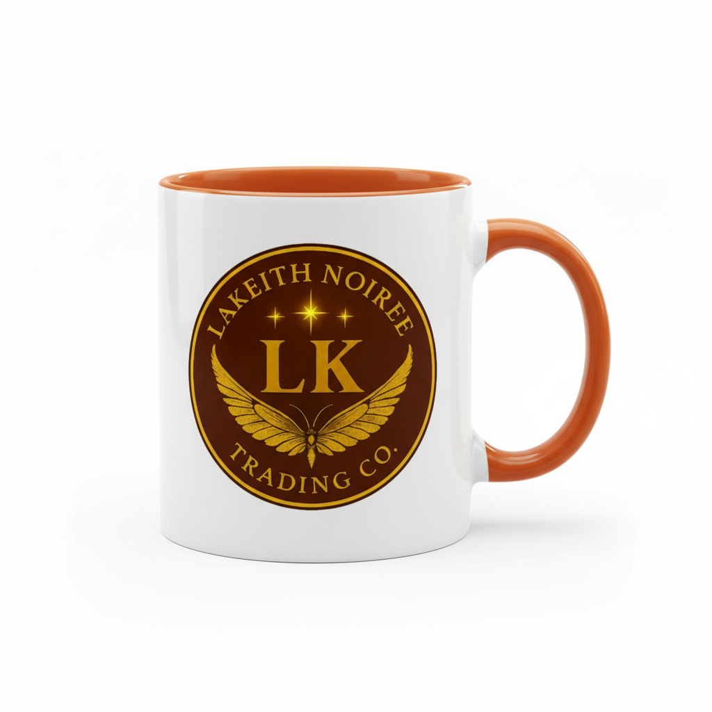 Orange interior & handle - "White ceramic mug with orange interior and handle - LaKeith Noirée Trading Company Logo -Drinkware 