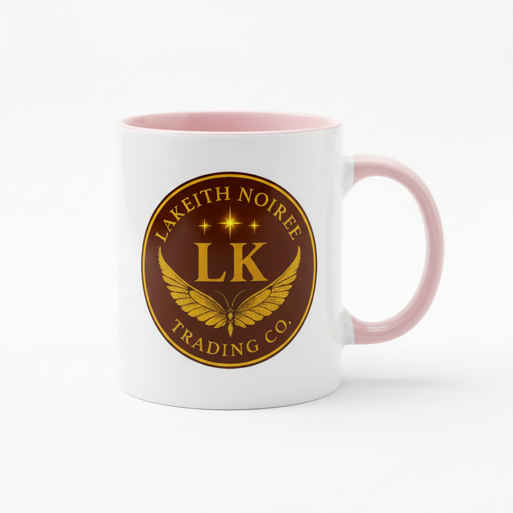 Pink interior & handle - "White ceramic mug with pink interior and handle - LaKeith Noirée Trading Company Logo -Drinkware 
