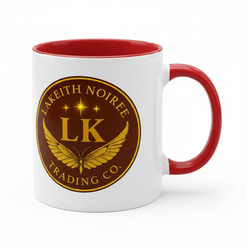 Red interior & handle - "White ceramic mug with red interior and handle - LaKeith Noirée Trading Company Logo -Drinkware 