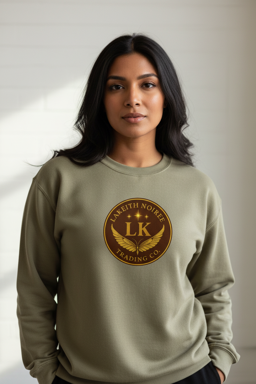 South Asian woman wearing khaki LaKeith Noirée unisex premium sweatshirt with LKTC logo centered on chest