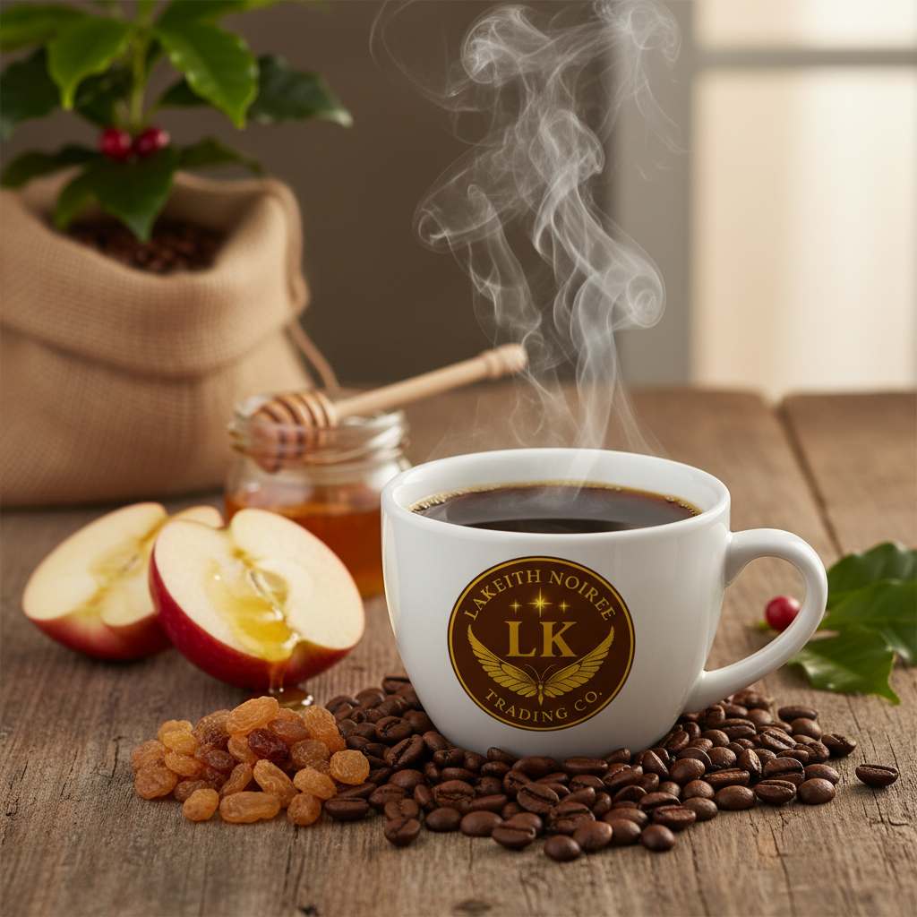 Steaming Costa Rican coffee cup with apple, raisin, honey - LaKeith Noirée