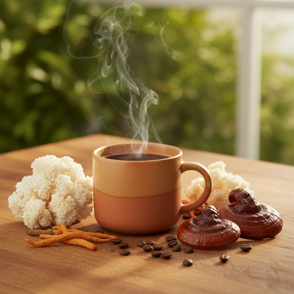 Steaming Mushroom Coffee in Colored Mug with Natural Window Background