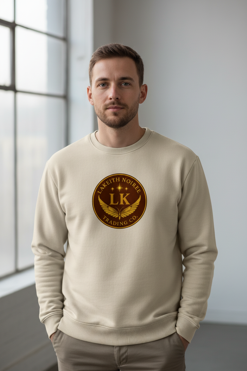 White male wearing bone beige LaKeith Noirée unisex premium sweatshirt with LKTC logo centered on chest