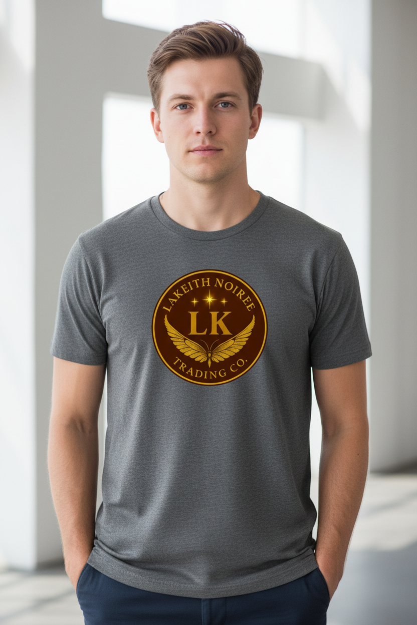 White male wearing charcoal grey LaKeith Noirée unisex premium t-shirt with LKTC logo centered on chest