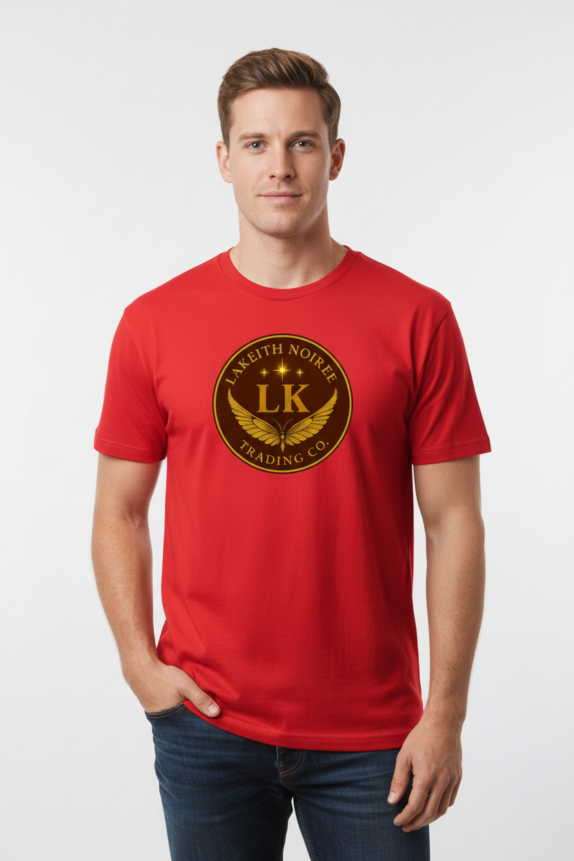 White male wearing red LaKeith Noirée short sleeve t-shirt with LKTC logo centered on chest