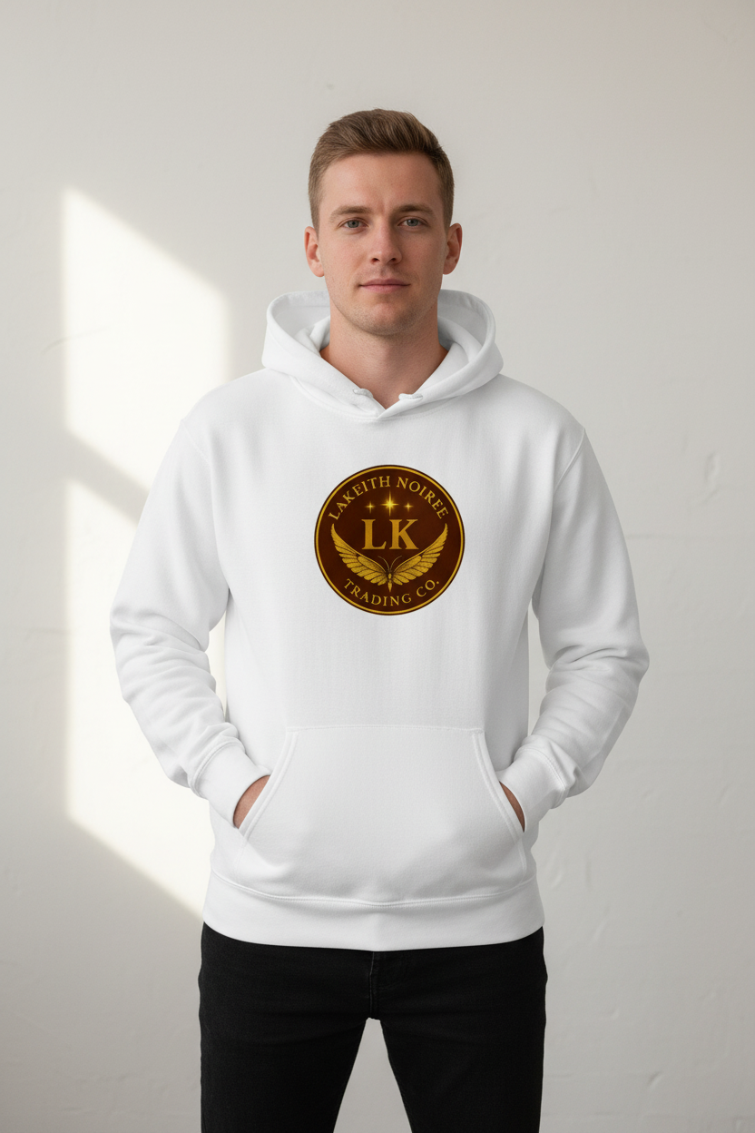 White male wearing white LaKeith Noirée unisex hooded sweatshirt with front pouch pocket, no drawstrings, and LKTC logo centered on chest