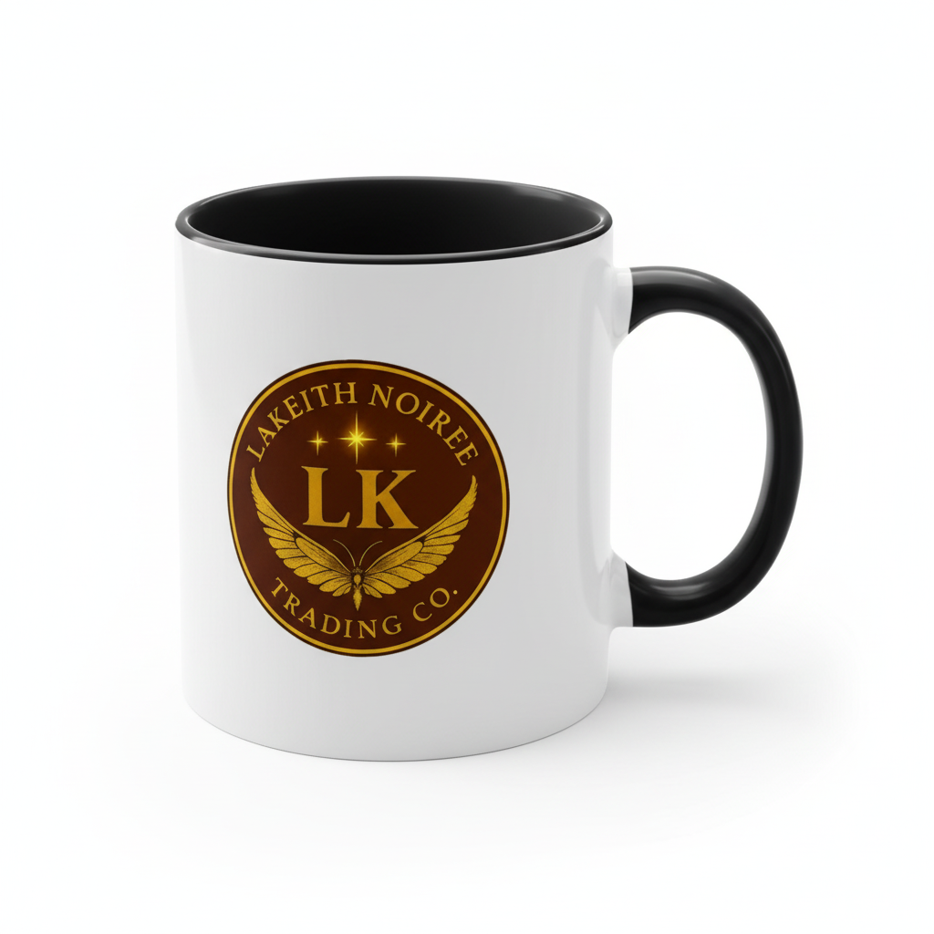 Black interior & handle - "White ceramic mug with black interior and handle - LaKeith Noirée Trading Company Logo -Drinkware 